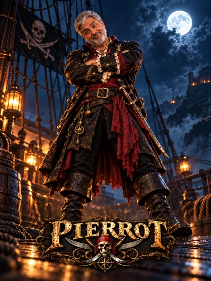 Pierrot, portrait cinématographique en pirate avec son prénom doré