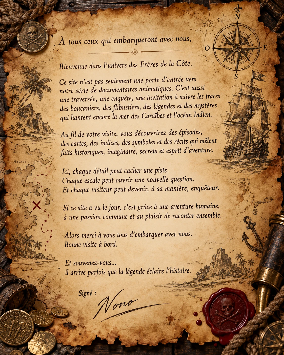 Parchemin de bienvenue signé Nono. Cliquez pour visiter les Frères de la Côte.