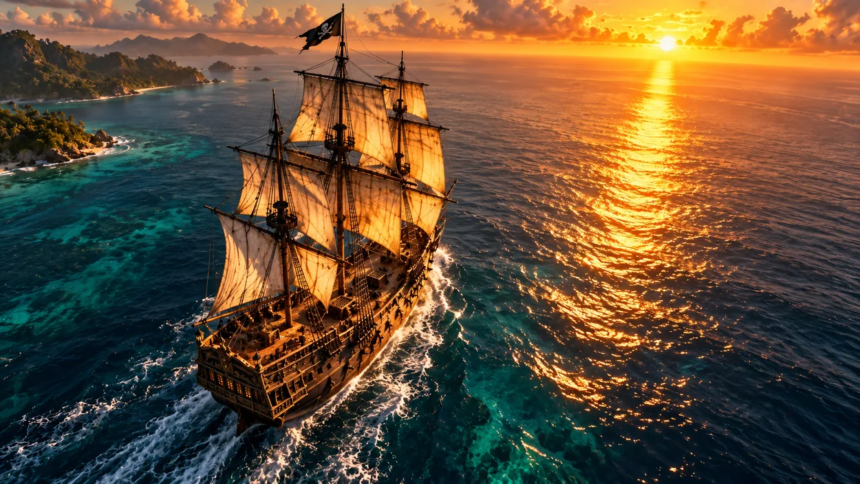 Galion historique naviguant au lever du soleil