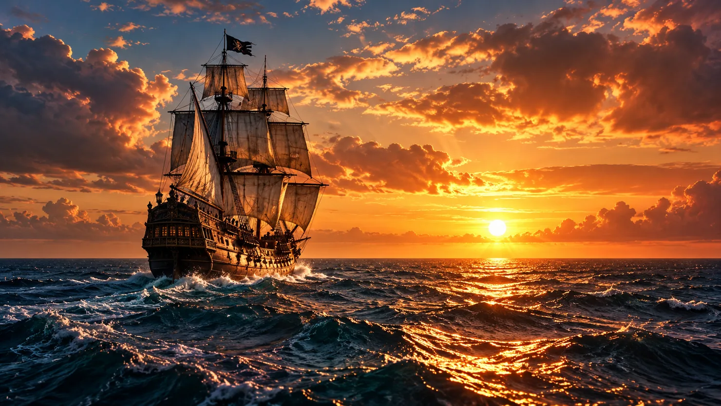 Navire de pirates sous un ciel de feu