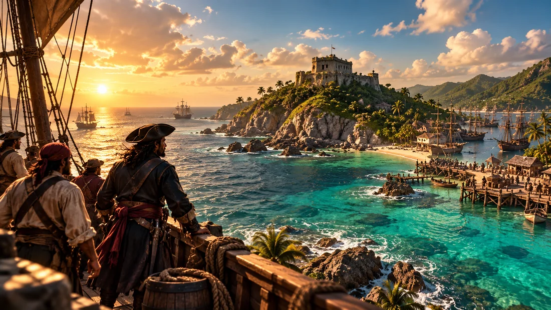 Côte tropicale, île et navires anciens