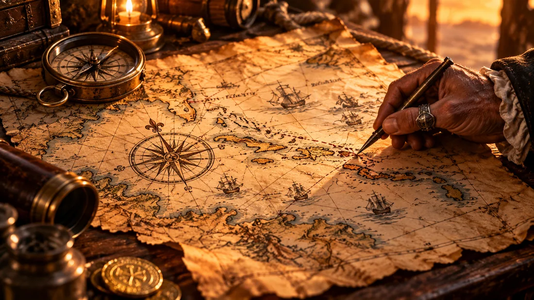 Carte maritime ancienne éclairée à la lanterne